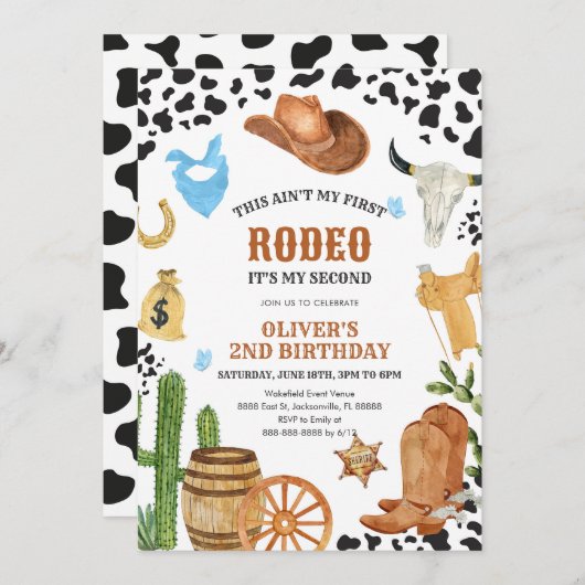 Western Rodeo Cowboy Second Rodeo 2nd Birthday 招待状 (正面/裏面)