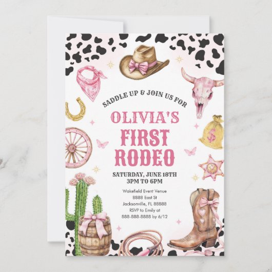 Western Rodeo Cowgirl First Rodeo 1st Birthday 招待状 (正面)