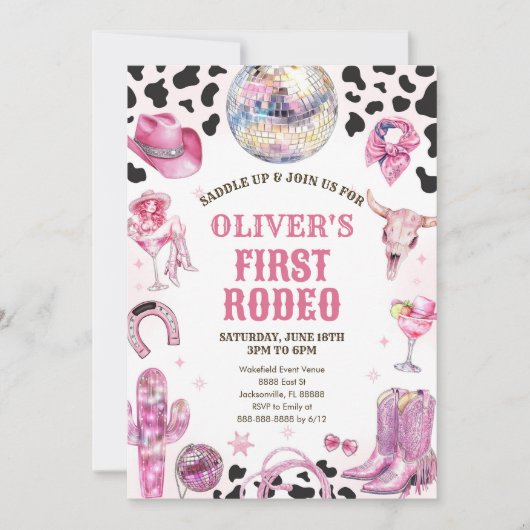 Western Rodeo Cowgirl First Rodeo 1st Birthday 招待状 (正面)
