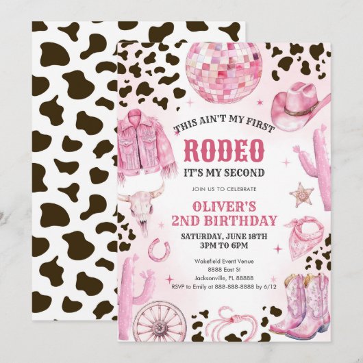 Western Rodeo Cowgirl Second Rodeo 2nd Birthday 招待状 (正面/裏面)