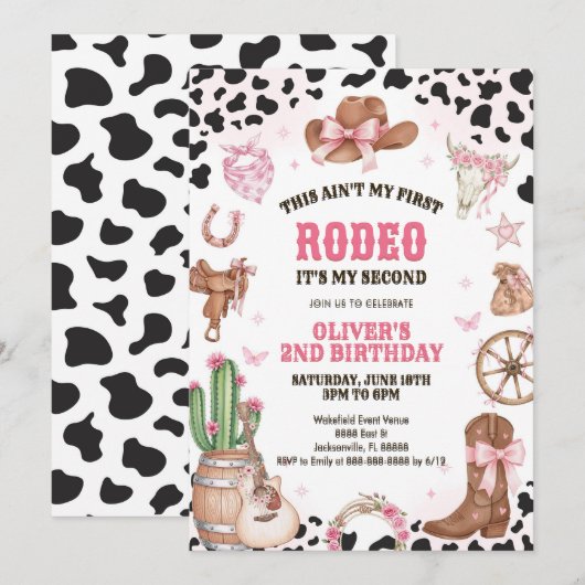 Western Rodeo Cowgirl Second Rodeo 2nd Birthday 招待状 (正面/裏面)