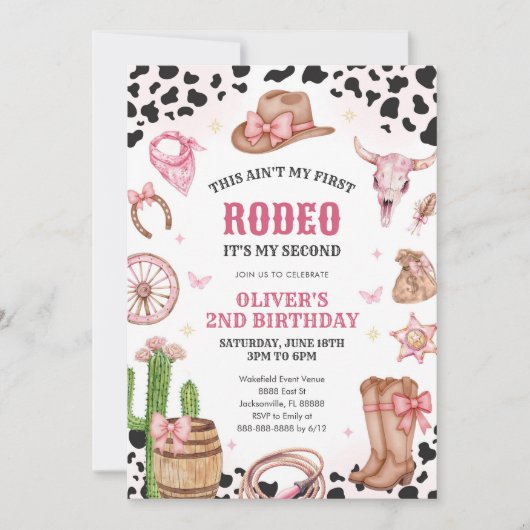 Western Rodeo Cowgirl Second Rodeo 2nd Birthday 招待状 (正面)