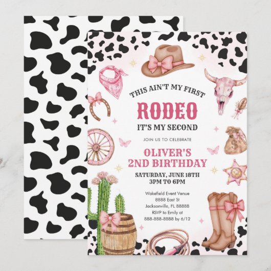 Western Rodeo Cowgirl Second Rodeo 2nd Birthday 招待状 (正面/裏面)