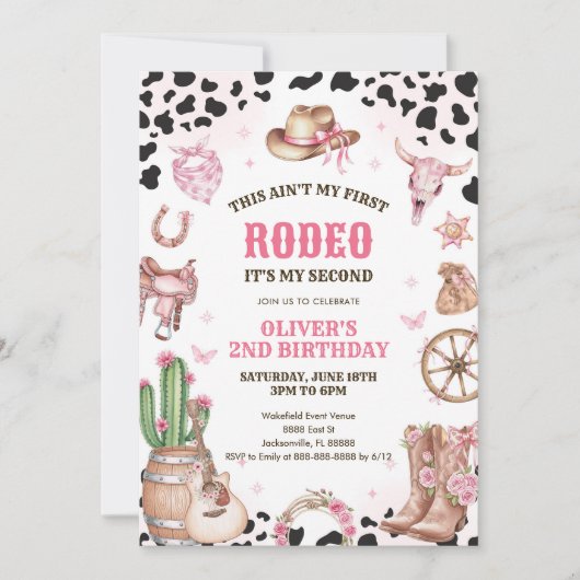 Western Rodeo Cowgirl Second Rodeo 2nd Birthday 招待状 (正面)