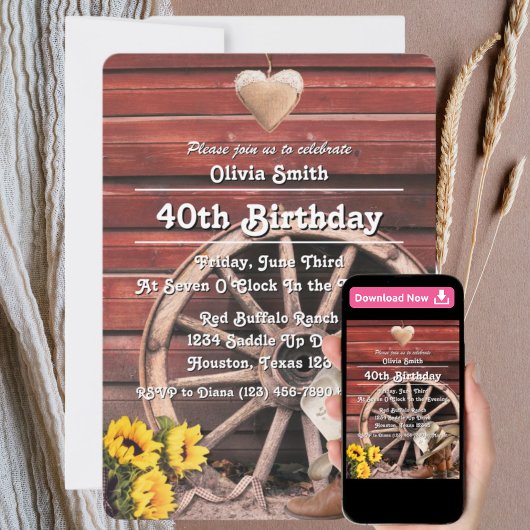 Western Rustic Cowgirl Boots Hat Sunflower 40th 招待状