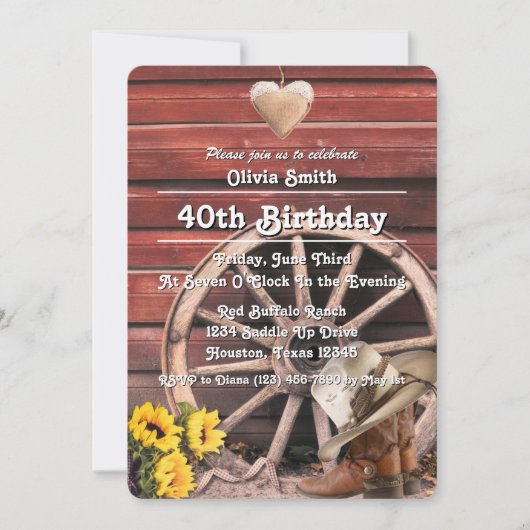 Western Rustic Cowgirl Boots Hat Sunflower 40th 招待状 (正面)