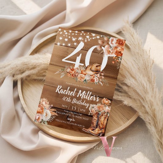 Western Rustic Dried Flower Hat Boots Birthday 招待状