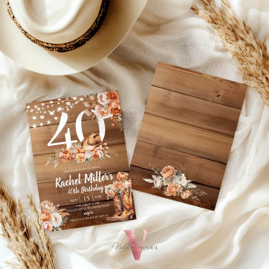 Western Rustic Dried Flower Hat Boots Birthday 招待状