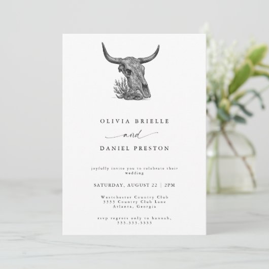 Western Rustic Pampas Grass Boho Cow skull Wedding 招待状 (スタンド正面)