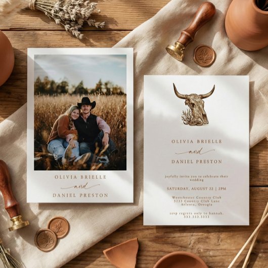 Western Rustic Pampas Grass Boho Photo Wedding Inv 招待状