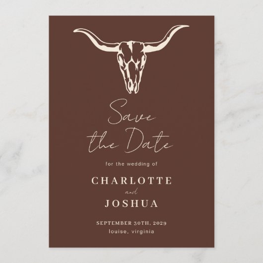 Western Save the Date | Rustic Boho Cow Skull セーブザデート (正面)