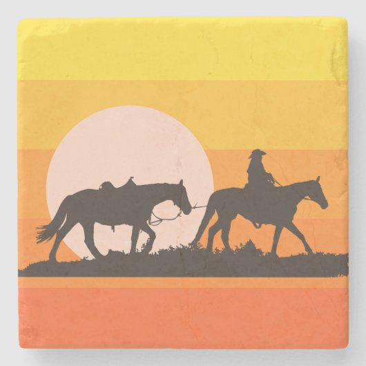 Western Sunset Cowboy Silhouette Throw Pillow ストーンコースター (正面)
