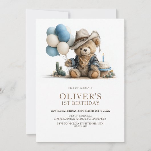 Western Teddy Bear 1st Birthday Party Invitation 招待状 (正面)