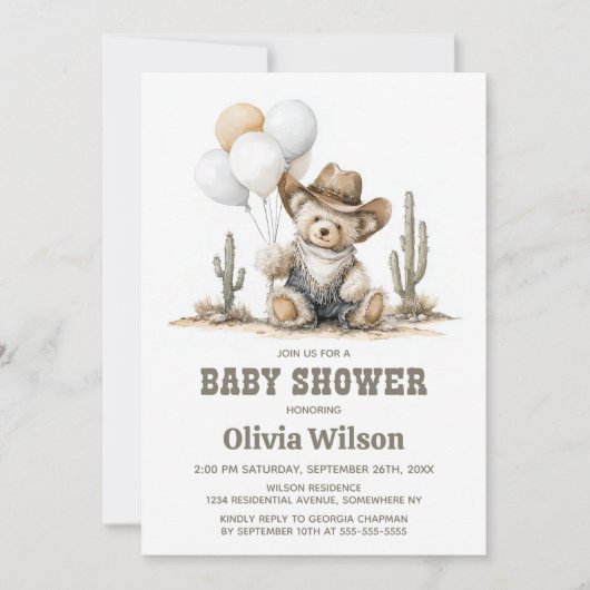 Western Teddy Bear Baby Shower Invitation 招待状 (正面)