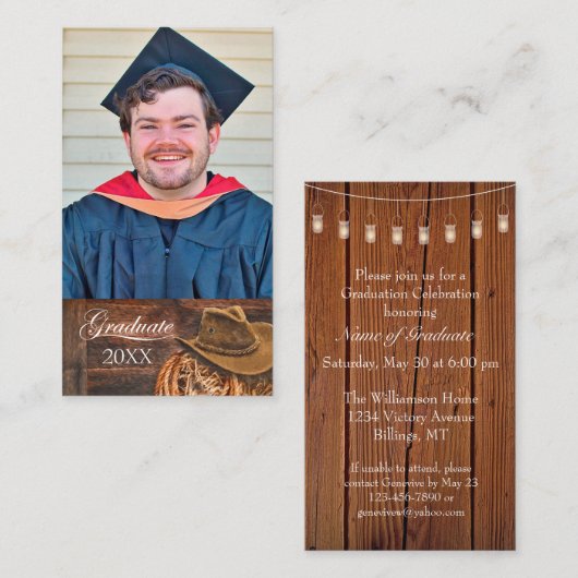 Western theme Hat and Lasso Grad Party Invitation 名刺 (正面/裏面)