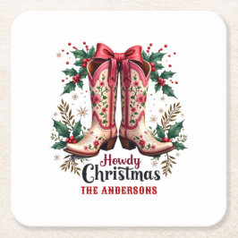 Western Theme Howdy Christmas Cowgirl Boots スクエアペーパーコースター