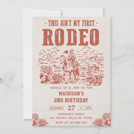 Western This Ain't My First Rodeo 2nd Birthday 招待状 (正面)