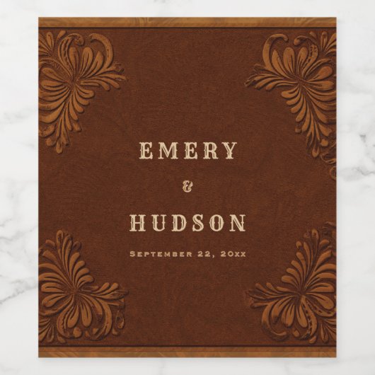 Western Tooled Rustic Terracotta Copper Wedding ワインラベル (シングルラベル)
