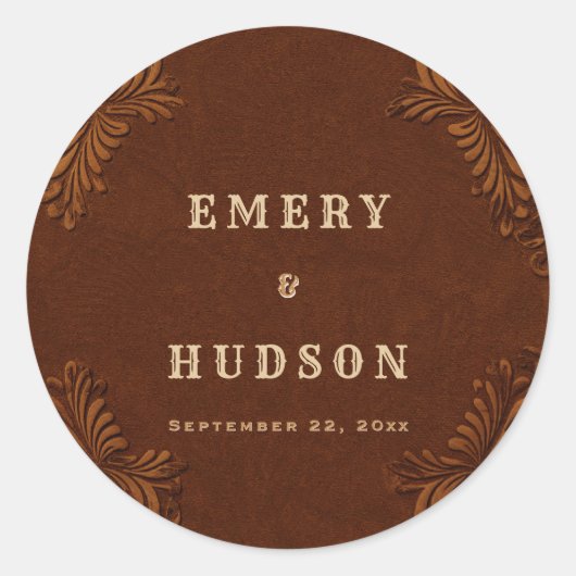 Western Tooled Rustic Terracotta Cream Wedding ラウンドシール (正面)