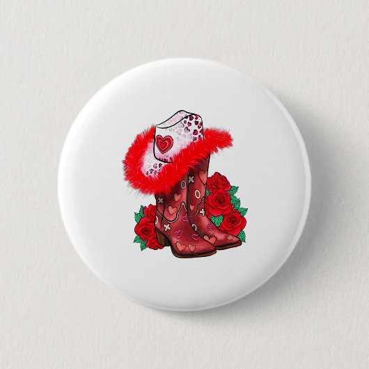 Western Valentines Day Cowgirl Boots Yeehaw Howdy  缶バッジ (正面)