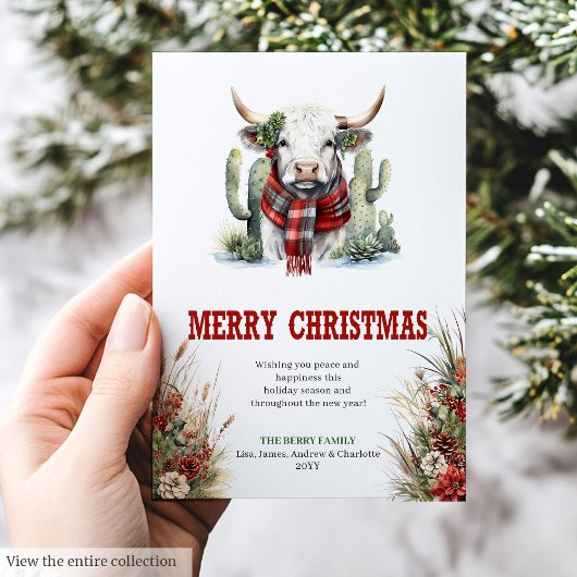 Western watercolor highland cow Christmas シーズンカード