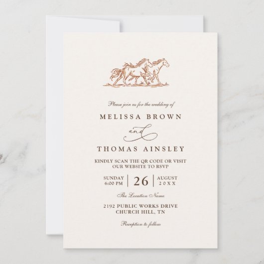 Western Wild Horses Rustic Country QR Code Wedding 招待状 (正面)