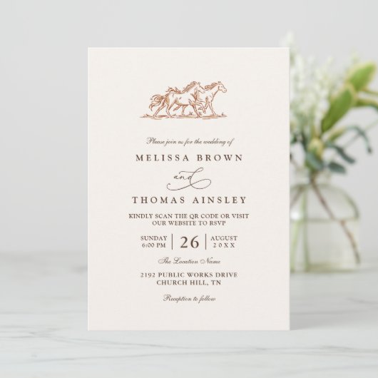Western Wild Horses Rustic Country QR Code Wedding 招待状 (スタンド正面)