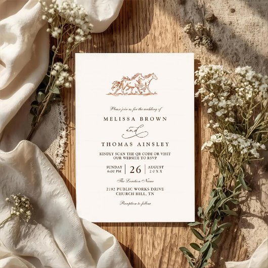 Western Wild Horses Rustic Country QR Code Wedding 招待状