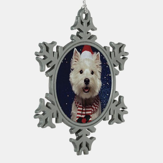 Westieのクリスマス スノーフレークピューターオーナメント (左)