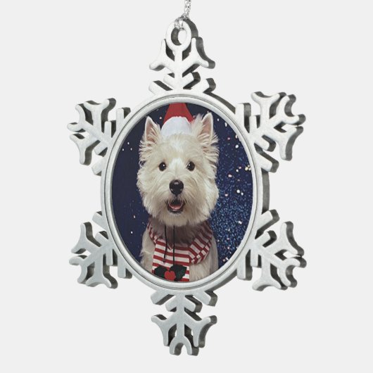 Westieのクリスマス スノーフレークピューターオーナメント (右)