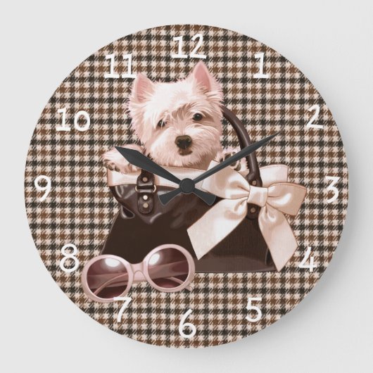 Westieの千鳥格子のな子犬 ラージ壁時計 (正面)