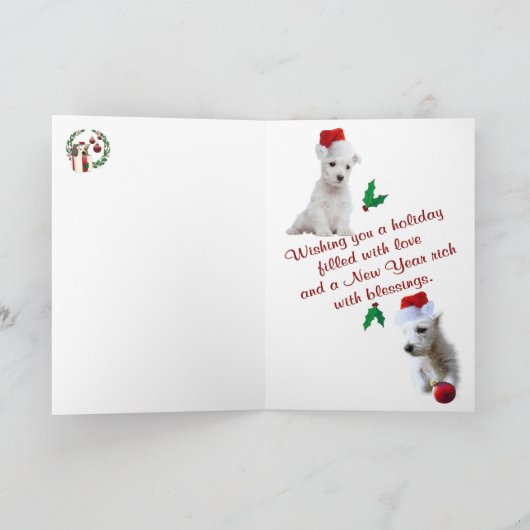 Westieの子犬の抱擁及びキス及び暖かいクリスマスの願い シーズンカード (内部)