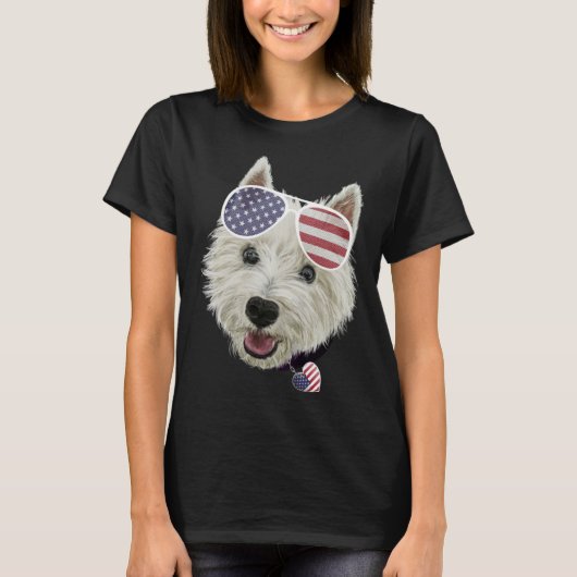 Westie Dog Fourth Of July USA Flag Glasses And Hea Tシャツ (正面)