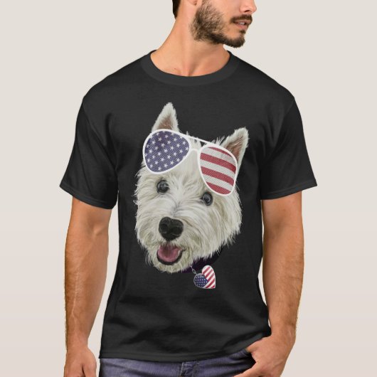 Westie Dog Fourth Of July USA Flag Glasses And Hea Tシャツ (正面)