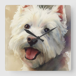 Westie dog watercolor portrait スクエア壁時計
