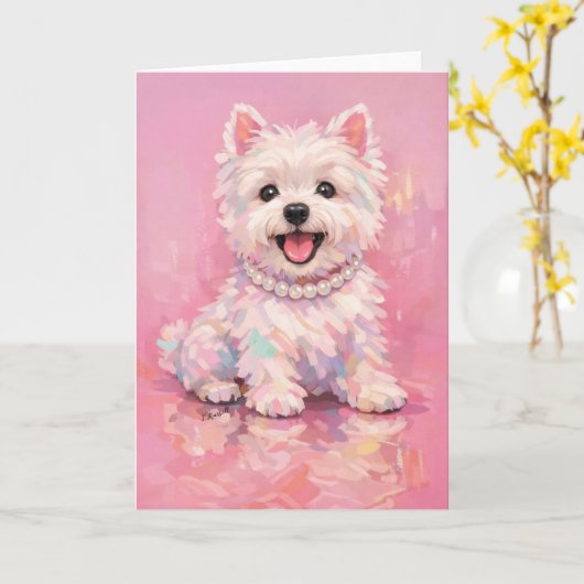Westie Elegant Pink Portrait カード (黄色い花)