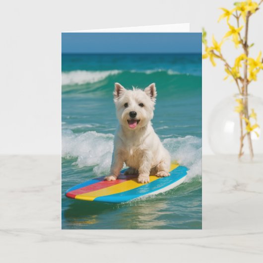 Westie Surfing Greeting Card - Blank カード (黄色い花)