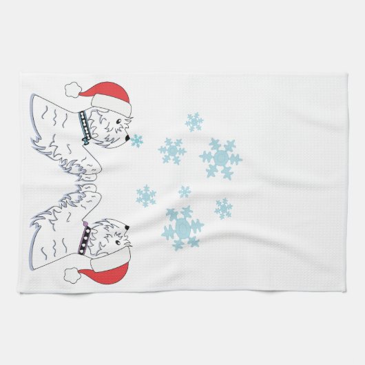Westiesおよび雪片 キッチンタオル (横)