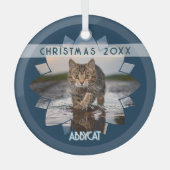 Wet Cat Photo Framed in Flower on Blue ガラスオーナメント (正面)