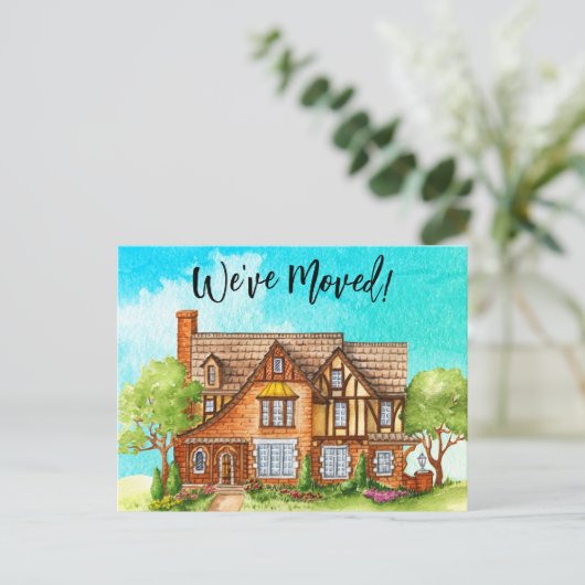 Weve移動した水色のコテージ移動のお知らせ ポストカード (スタンド正面)