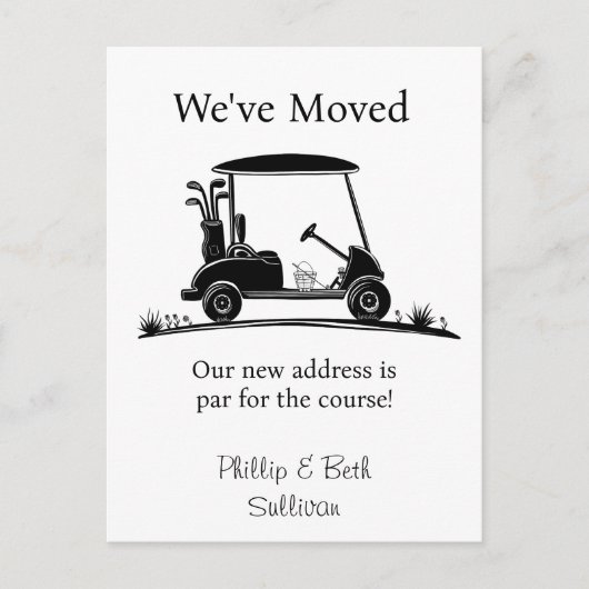 We've Moved Black Silhouette Golf Cart 案内ポストカード (正面)