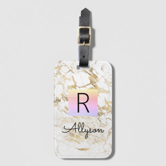 Whと金ゴールドマーブルレインボーボックス、名前モノグラムvs 2 ラゲッジタグ (正面縦)