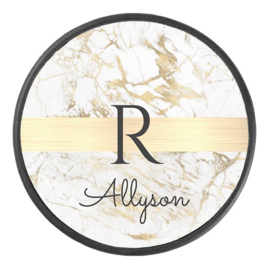 Wh & 金ゴールド大理石金ゴールドバー, DIYブラックネームモノグラム アイスホッケーパック (正面)