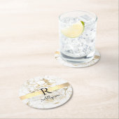 Wh & 金ゴールド大理石金ゴールドバー, DIYブラックネームモノグラム ラウンドペーパーコースター (インサイチュ)