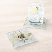 Wh & 金ゴールド大理石金ゴールドボックス、DIYブラックネームモノグラム ガラスコースター (アングル)