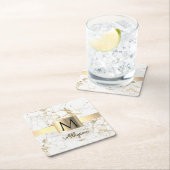 Wh & 金ゴールド大理石金ゴールドボックス、DIYブラックネームモノグラム スクエアペーパーコースター (インサイチュ)