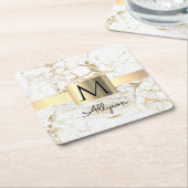 Wh & 金ゴールド大理石金ゴールドボックス、DIYブラックネームモノグラム スクエアペーパーコースター (アングル)