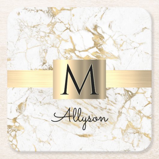 Wh & 金ゴールド大理石金ゴールドボックス、DIYブラックネームモノグラム スクエアペーパーコースター (正面)