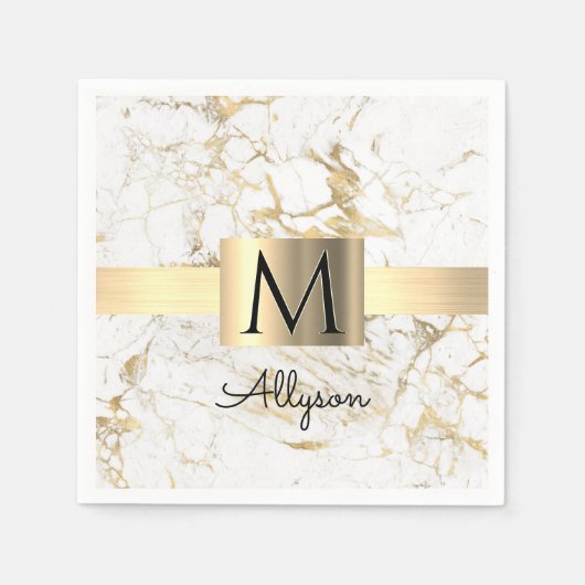 Wh & 金ゴールド大理石金ゴールドボックス、DIYブラックネームモノグラム スタンダードカクテルナプキン (正面)
