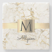 Wh & 金ゴールド大理石金ゴールドボックス、DIYブラックネームモノグラム ストーンコースター (正面)
